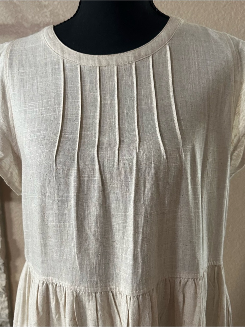 NEW IN beige linen blend tiered dress women’s M pockets BOHO airy summer - Picture 2 of 14